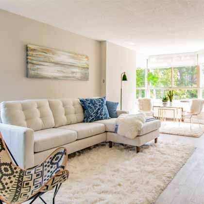 small apartment with white fluffy carpet and beige sofa