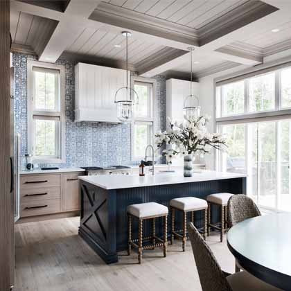 beautiful blue and white kitchen in a net zero energy home