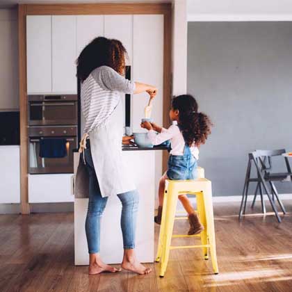 mother and daughter baking in kitchen