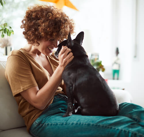 Woman and dog enjoy premium apartment rental in downtown Calgary