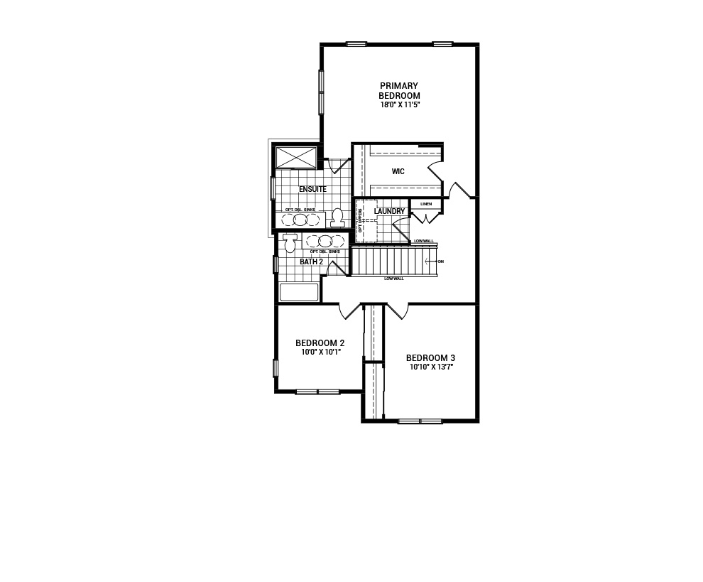 Floorplan of the second floor of the 3 bedroom Jefferson Corner home design, a 36’ Single Family Home available for sale in Avalon Vista, Orléans
