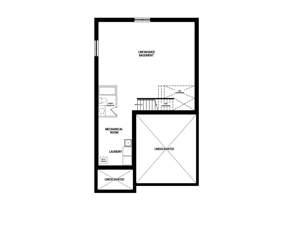 Floorplan of the basement floor of the 4 bedroom Fairbank home design, a 36’ Single Family Home available for sale in Avalon Vista, Orléans