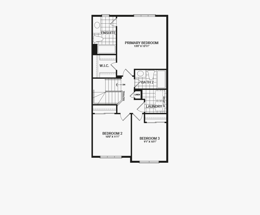 Floorplan of the second floor of the Monterey End home design, a Executive Townhome available for sale in Avalon, Orleans.