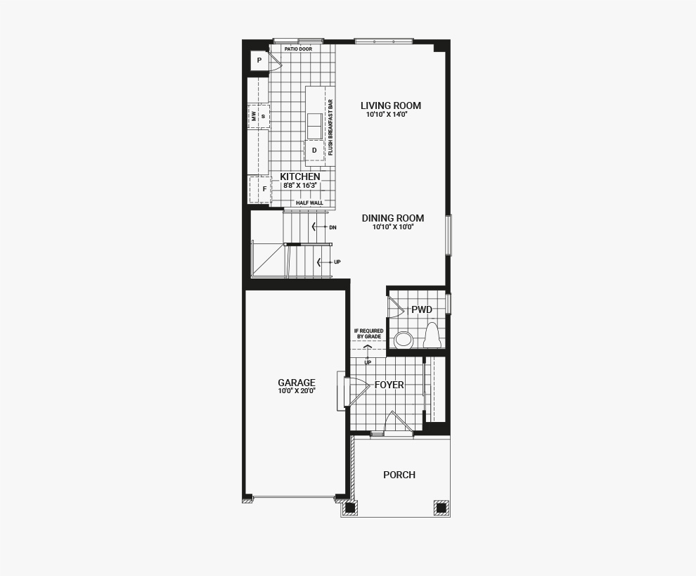 Floorplan of the main floor of the Monterey End home design, a Executive Townhome available for sale in Avalon, Orleans.