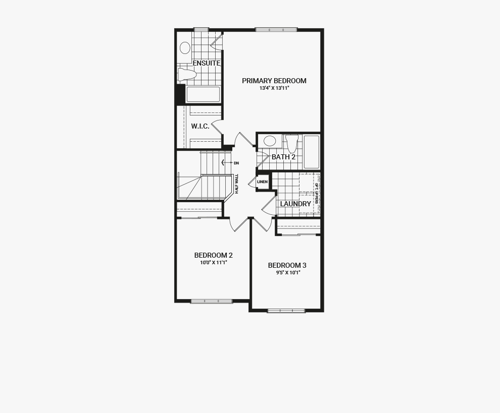 Floorplan of the second floor of the Monterey End home design, a Executive Townhome available for sale in Avalon, Orleans.