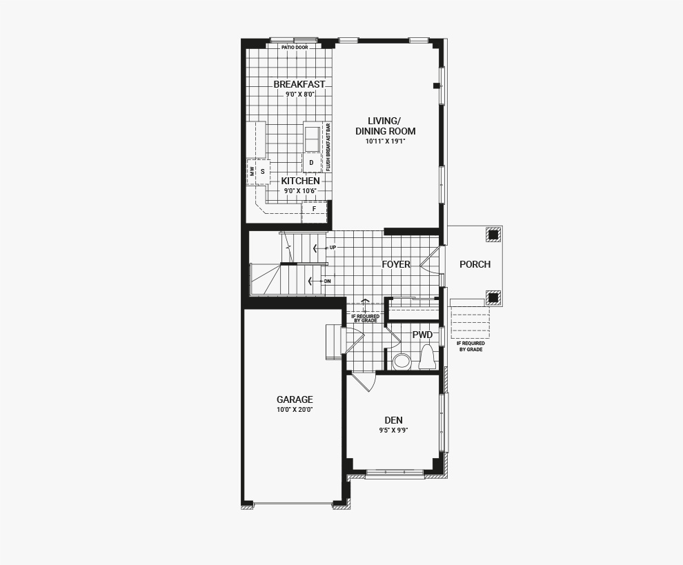 Floorplan of the main floor of the Venice Corner home design, a Executive Townhome available for sale in Avalon, Orleans.
