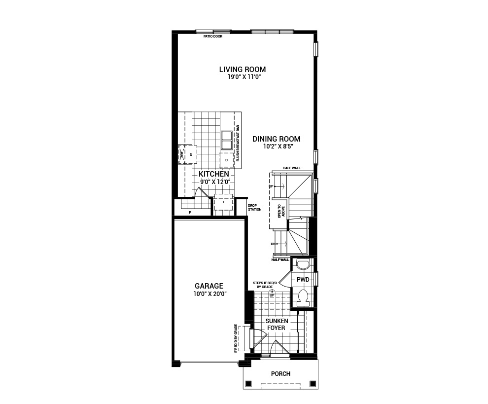 Floorplan of the main floor of the Simcoe - 3 Bed home design, a Executive Townhome available for sale in Riversbend at Harmony, Barrhaven