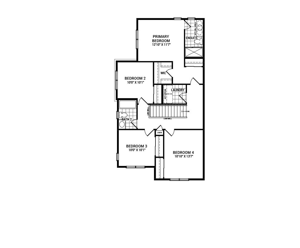 Floorplan of the second floor of the 4 bedroom Jefferson Corner home design, a 36’ Single Family Home available for sale in Avalon Vista, Orléans