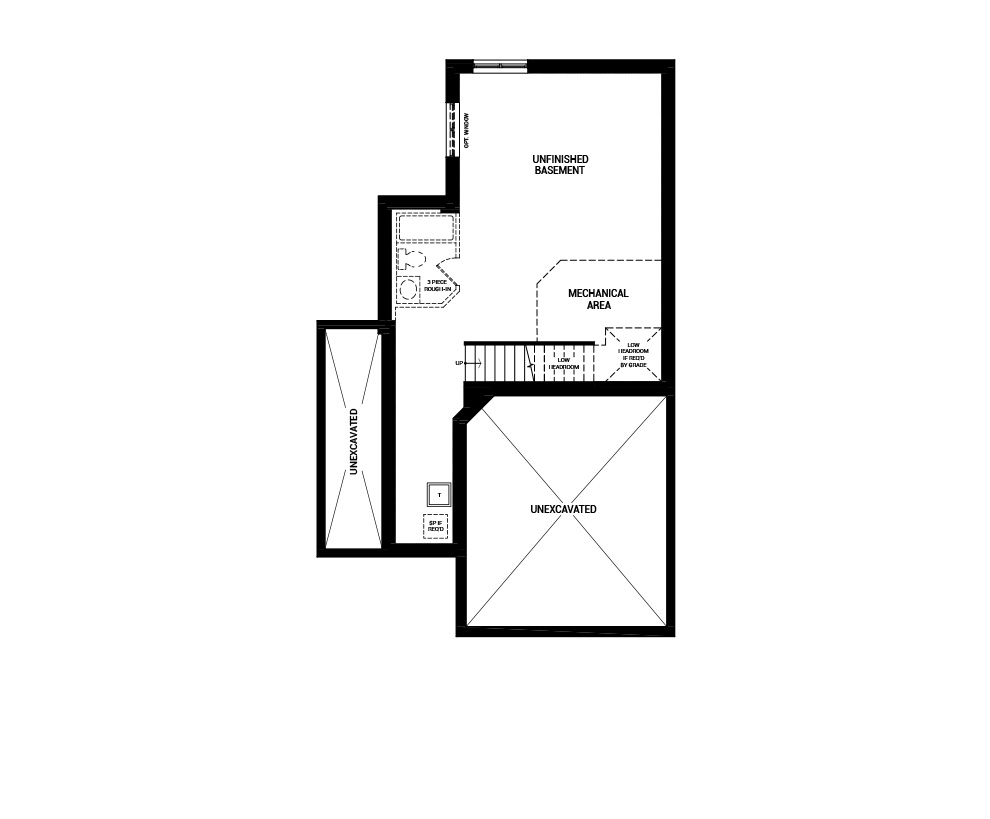 Floorplan of the basement floor of the 4 bedroom Jefferson Corner home design, a 36’ Single Family Home available for sale in Avalon Vista, Orléans