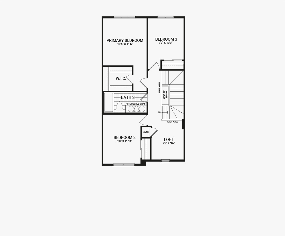 Floorplan of the second floor of the Citrus home design, a Executive Townhome available for sale in Avalon, Orleans.