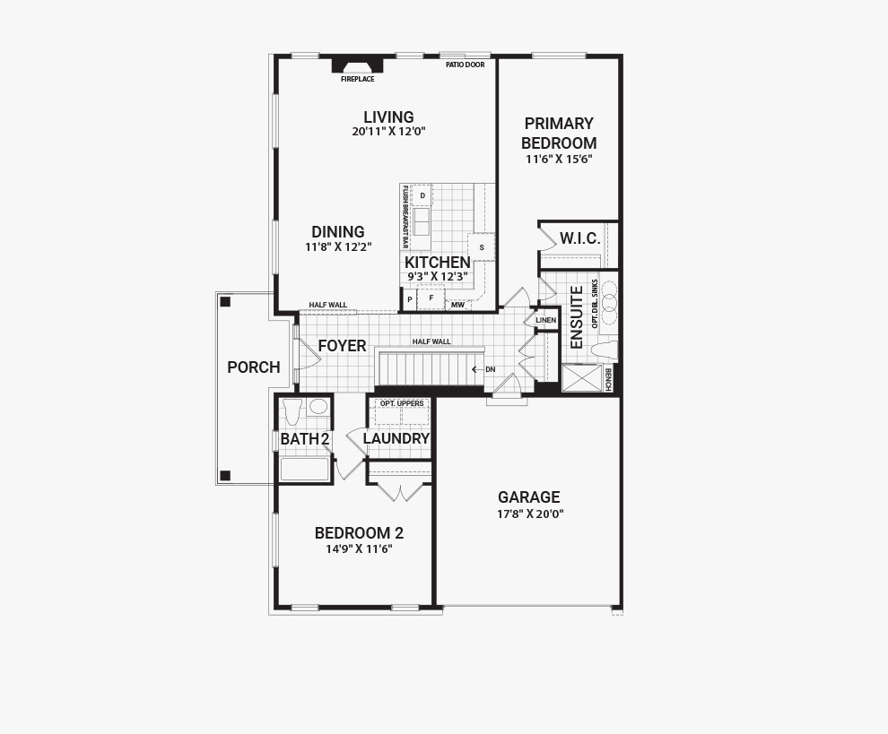 Floorplan of the main floor of the Weaver Corner home design, Bungalow Townhomes available for sale in Mahogany, Manotick.
