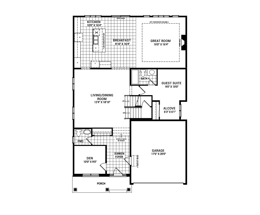Floorplan of the main floor of the Quinton with Guest Suite home design, a 43’ Single Family Home available for sale in Avalon Vista, Orléans
