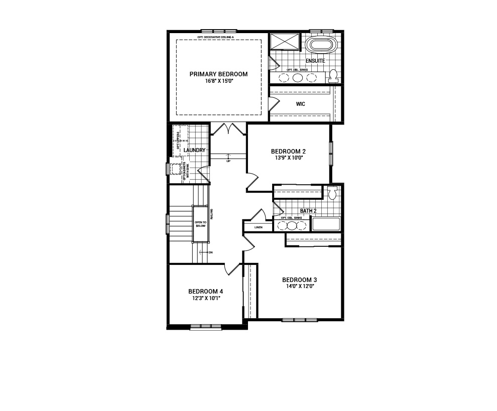 Floorplan of the second floor of the 4 bedroom Waverley home design, a 36’ Single Family Home available for sale in Avalon Vista, Orléans