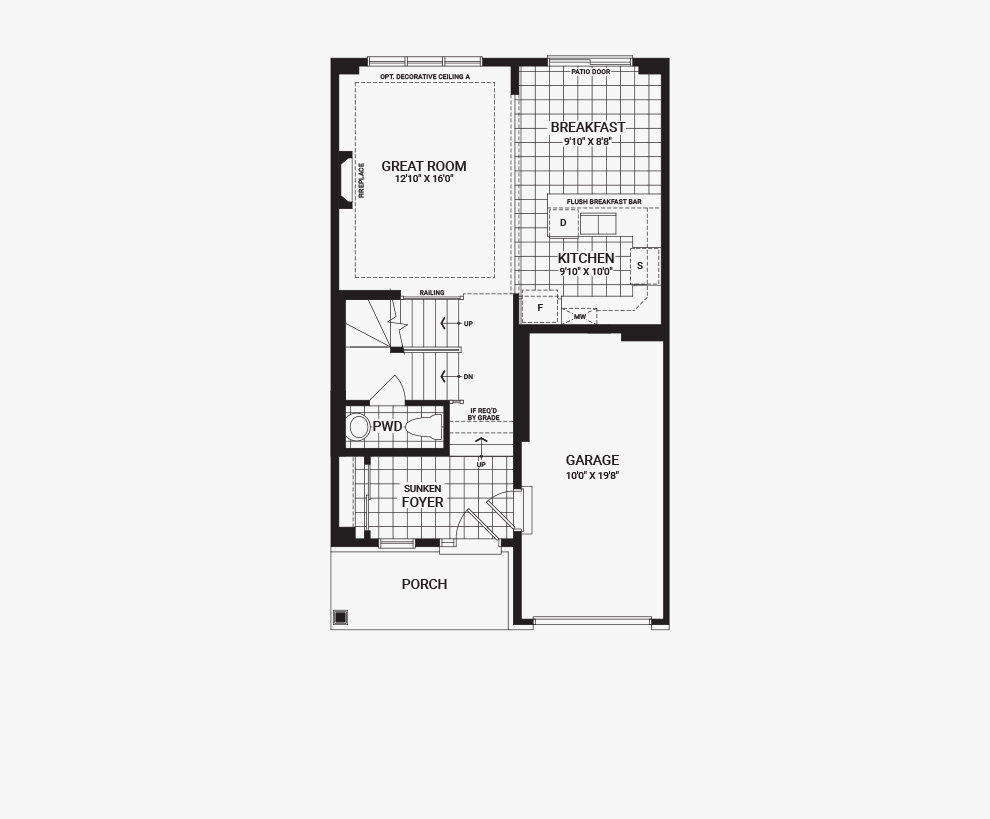 Floorplan of the main floor of the Bellevue home design, a 30’ Single Family Home available for sale in Brookline, Kanata.