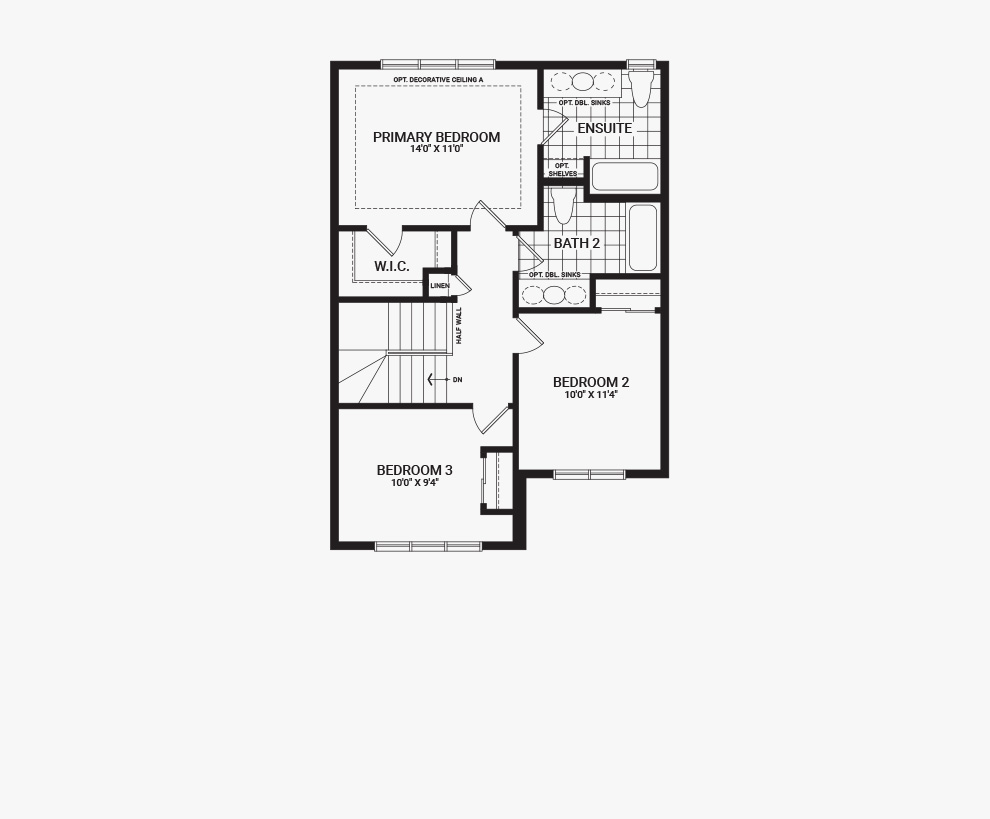Floorplan of the second floor of the Bellevue home design, a 30’ Single Family Home available for sale in Brookline, Kanata.