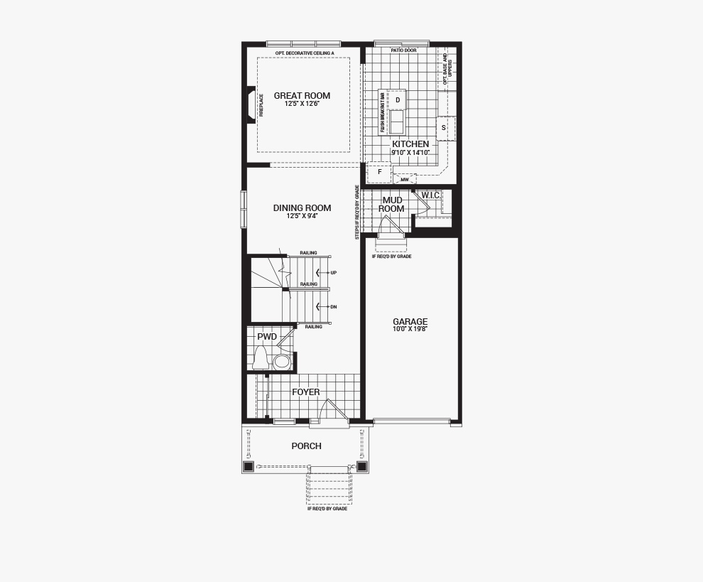 Floorplan of the main floor of the Hyde home design, a 30’ Single Family Home available for sale in Brookline, Kanata.