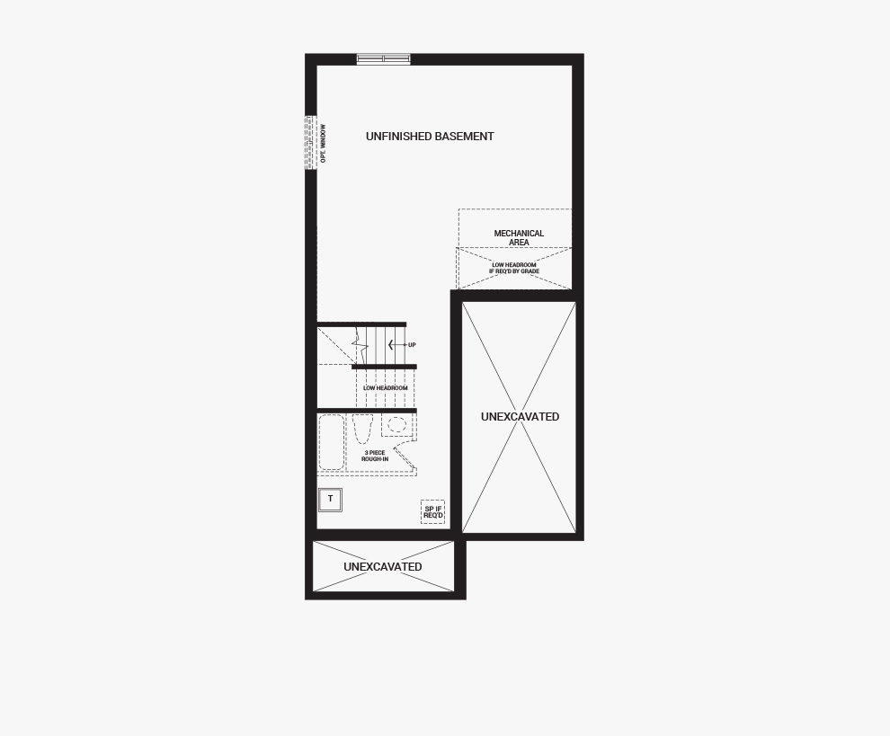 Floorplan of the basement of the Hyde home design, a 30’ Single Family Home available for sale in Brookline, Kanata.