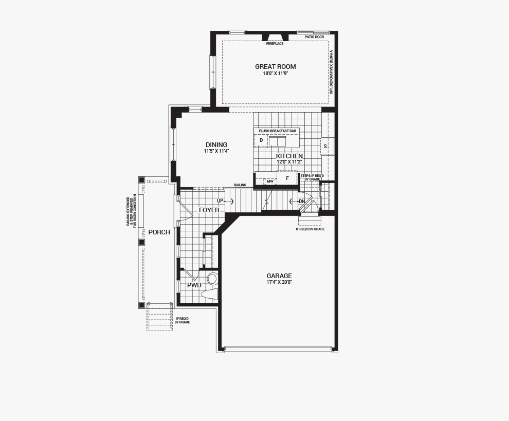 Floorplan of the main floor of the 3 bedroom Jefferson Corner home design, a 30’ Single Family Home available for sale in Brookline, Kanata.