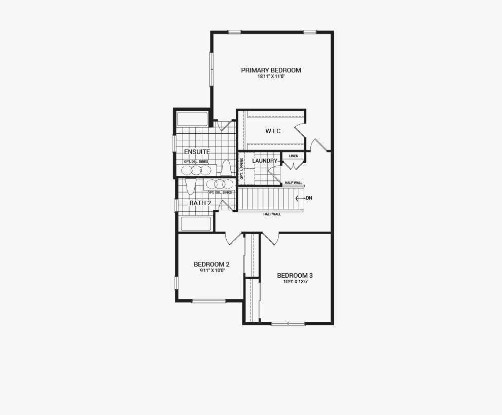 Floorplan of the second floor of the 3 bedroom Jefferson Corner home design, a 30’ Single Family Home available for sale in Brookline, Kanata.