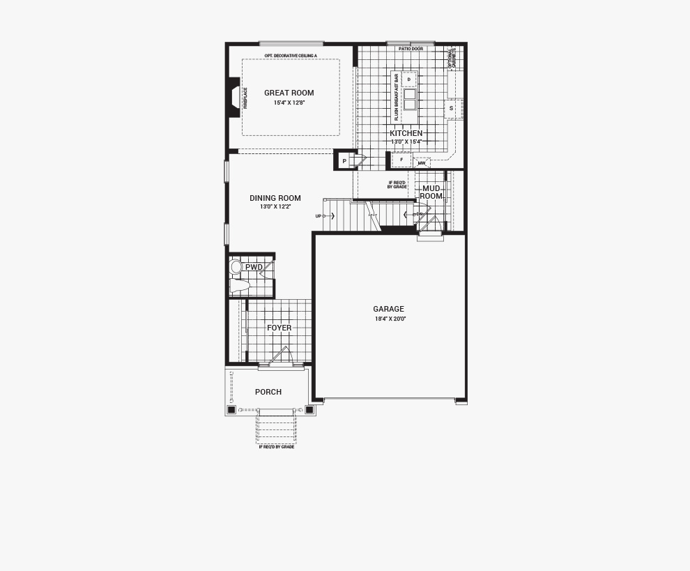 Floorplan of the main floor of the Bronte home design, a 36’ Single Family Home available for sale in Brookline, Kanata.