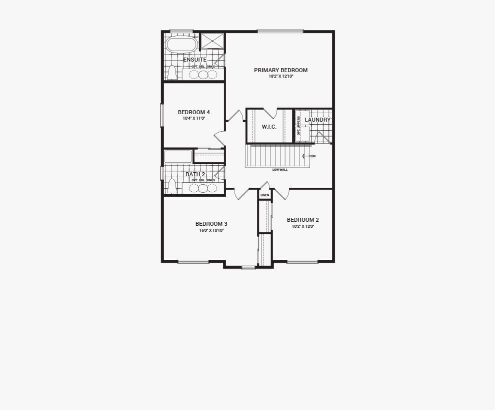 Floorplan of the second floor of the Bronte home design, a 36’ Single Family Home available for sale in Brookline, Kanata.