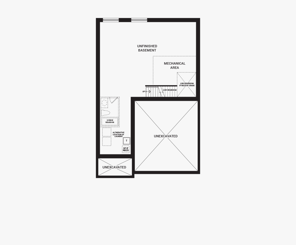 Floorplan of the basement of the Bronte home design, a 36’ Single Family Home available for sale in Brookline, Kanata.