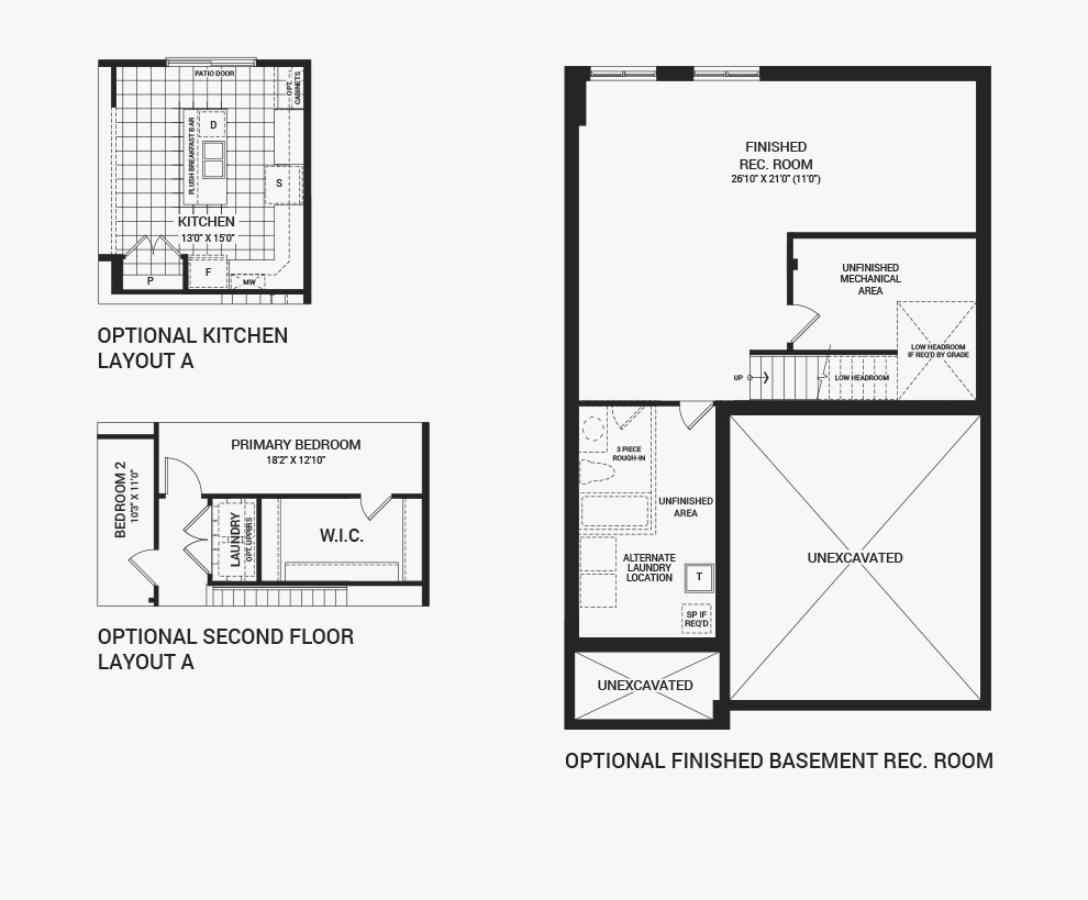 Floorplan of the flex plans of the Bronte home design, a 36’ Single Family Home available for sale in Brookline, Kanata.