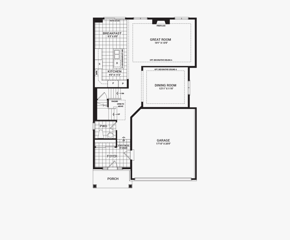 Floorplan of the main floor of the 3 bedroom Clairmont home design, a 36’ Single Family Home available for sale in Brookline, Kanata.
