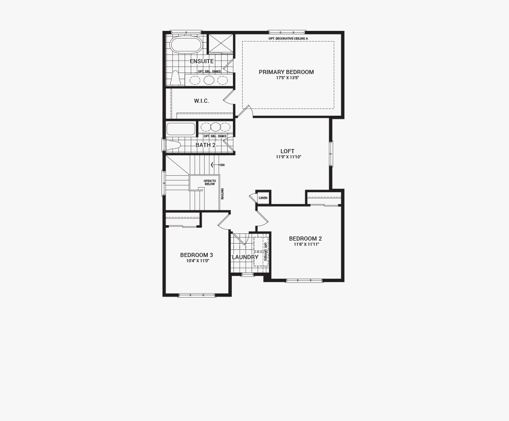 Floorplan of the second floor of the 3 bedroom Clairmont home design, a 36’ Single Family Home available for sale in Brookline, Kanata.