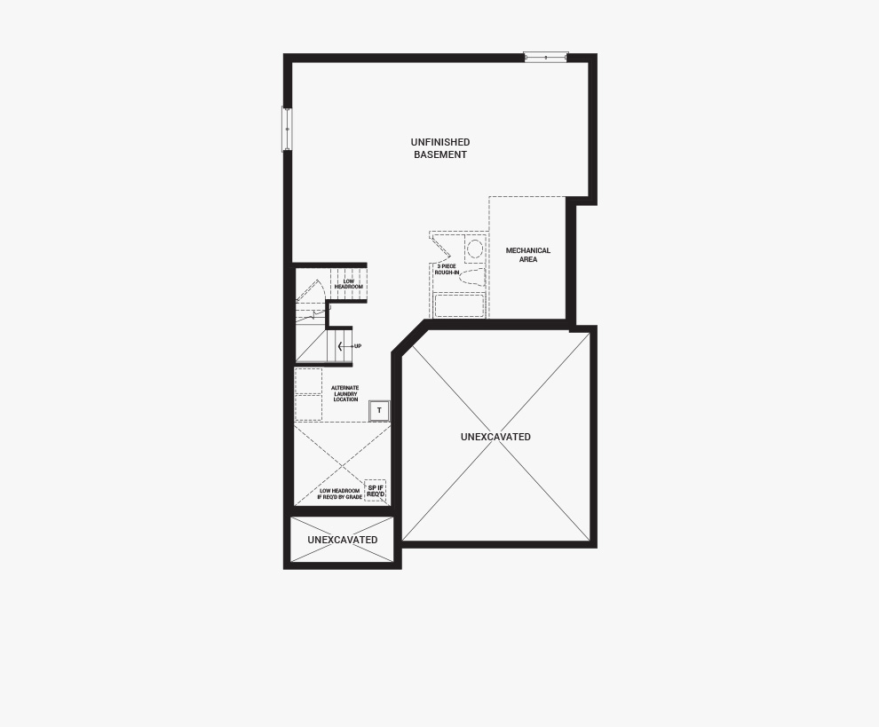 Floorplan of the basement of the 3 bedroom Clairmont home design, a 36’ Single Family Home available for sale in Brookline, Kanata.