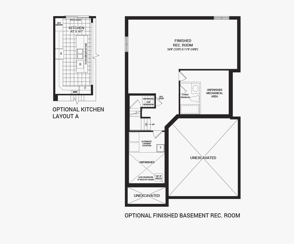 Floorplan of the flex plans of the 3 bedroom Clairmont home design, a 36’ Single Family Home available for sale in Arcadia, Kanata.