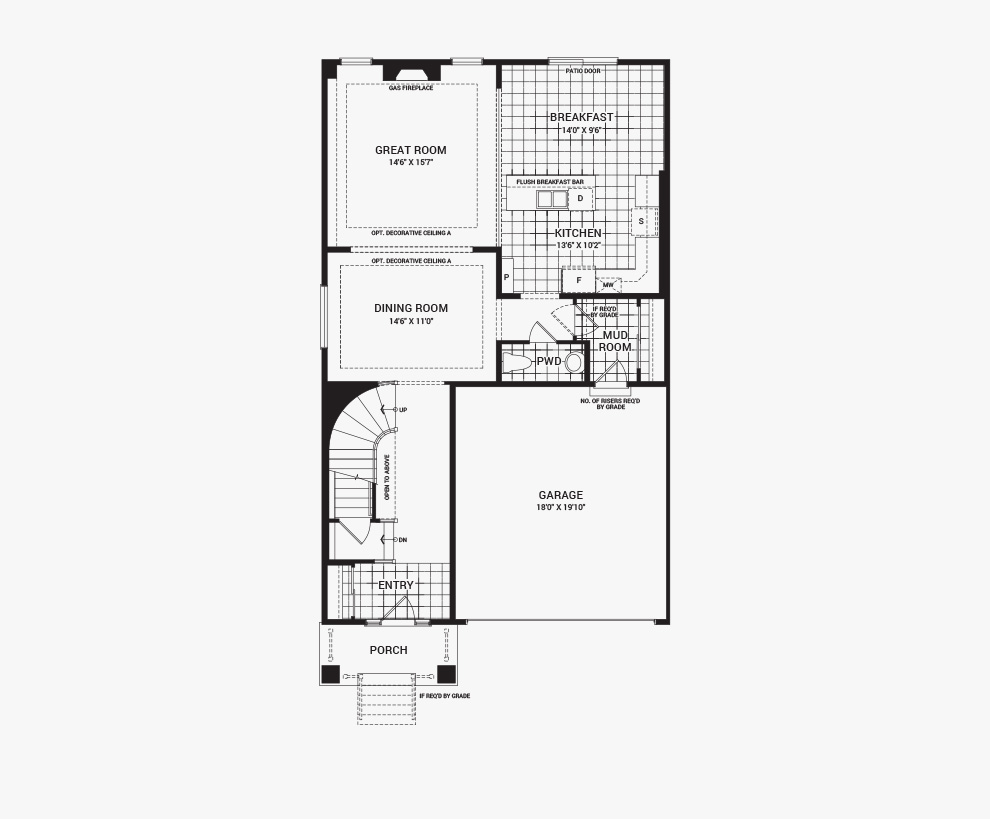 Floorplan of the main floor of the Fitzroy home design, a 36’ Single Family Home available for sale in Brookline, Kanata.