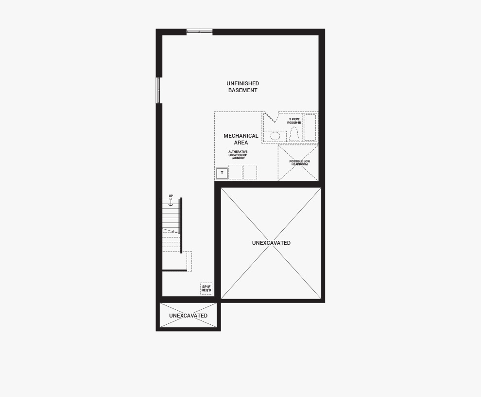 Floorplan of the basement of the Fitzroy home design, a 36’ Single Family Home available for sale in Brookline, Kanata.