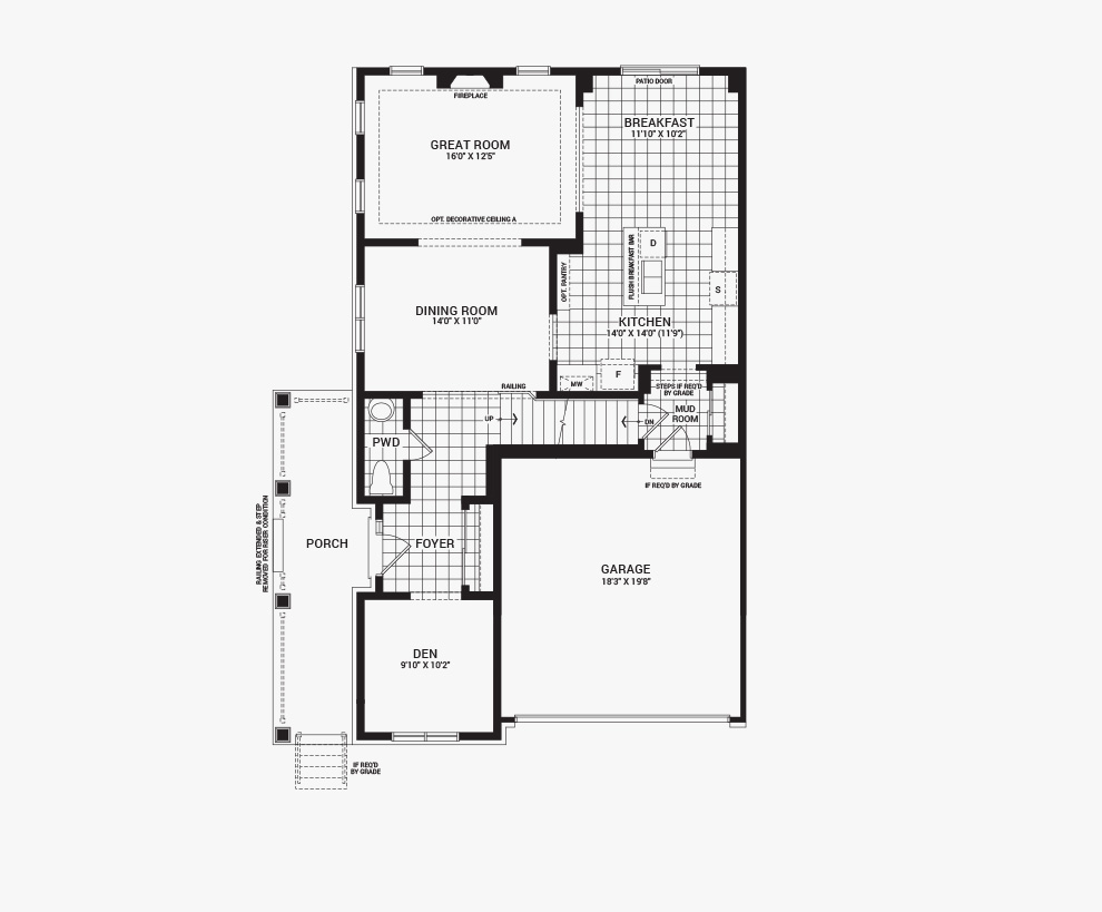 Floorplan of the main floor of the Jasper Corner home design, a 36’ Single Family Home available for sale in Brookline, Kanata.