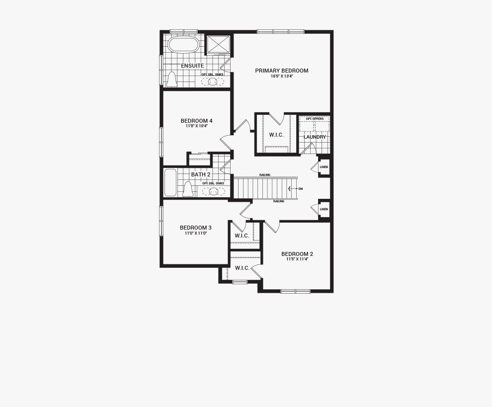 Floorplan of the second floor of the Jasper Corner home design, a 36’ Single Family Home available for sale in Brookline, Kanata.
