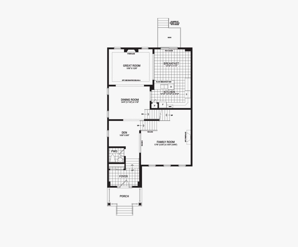 Floorplan of the main floor of the 3 bedroom Killarany home design, a 36’ Single Family Home available for sale in Brookline, Kanata.