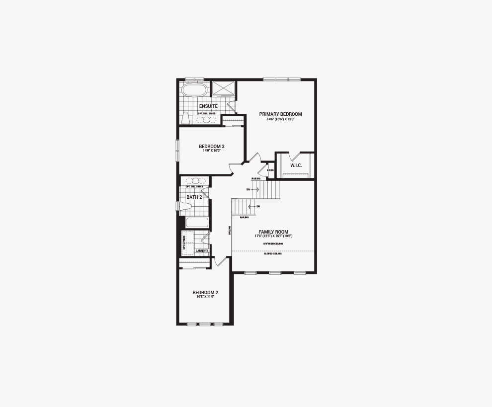 Floorplan of the second floor of the 3 bedroom Killarany home design, a 36’ Single Family Home available for sale in Brookline, Kanata.