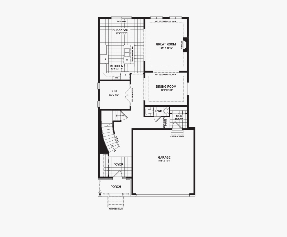 Floorplan of the main floor of the Stanley home design, a 36’ Single Family Home available for sale in Brookline, Kanata.