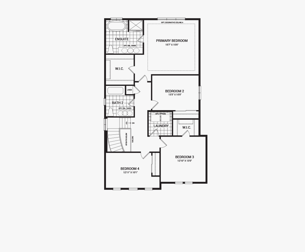 Floorplan of the second floor of the Stanley home design, a 36’ Single Family Home available for sale in Brookline, Kanata.