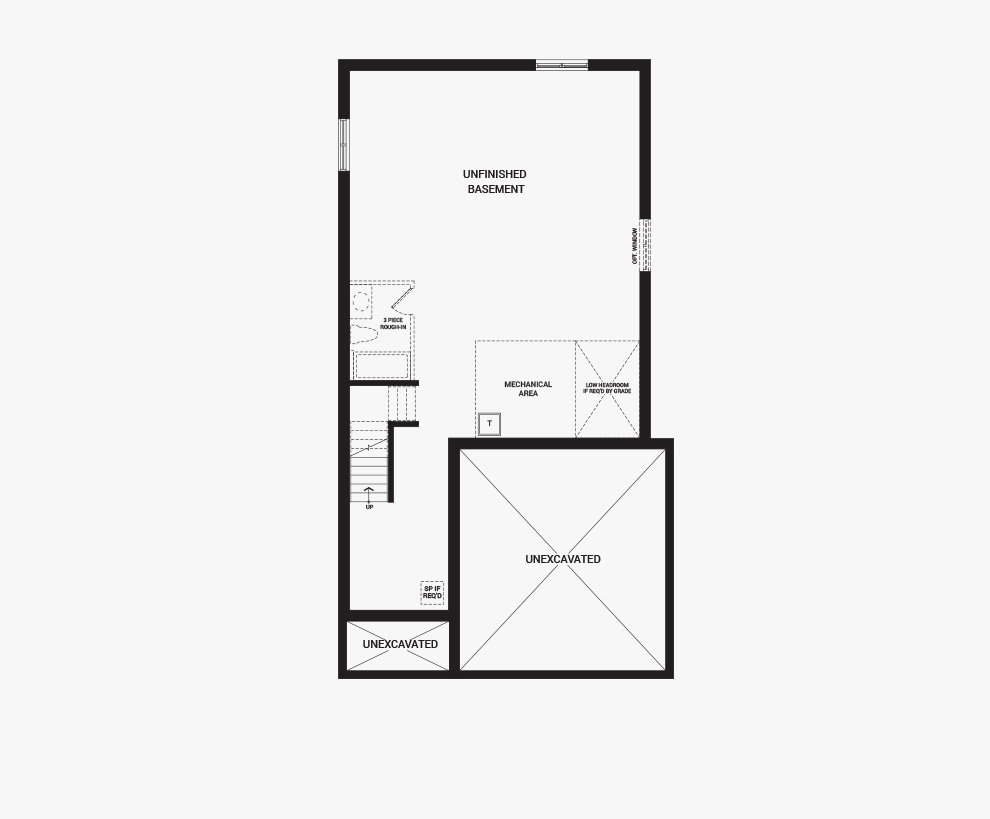 Floorplan of the basement of the Stanley home design, a 36’ Single Family Home available for sale in Brookline, Kanata.