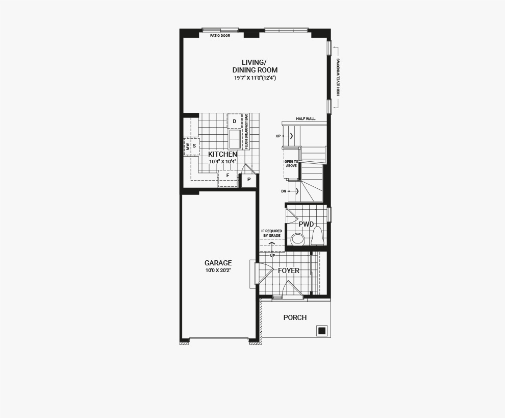Floorplan of the main floor of the Laguna End home design, a Executive Townhome available for sale in Brookline, Kanata.