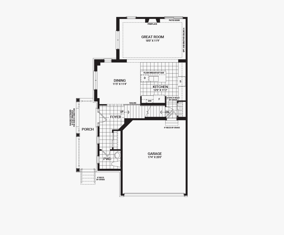 Floorplan of the main floor of the 4 bedroom Jefferson Corner home design, a 30’ Single Family Home available for sale in Brookline, Kanata.