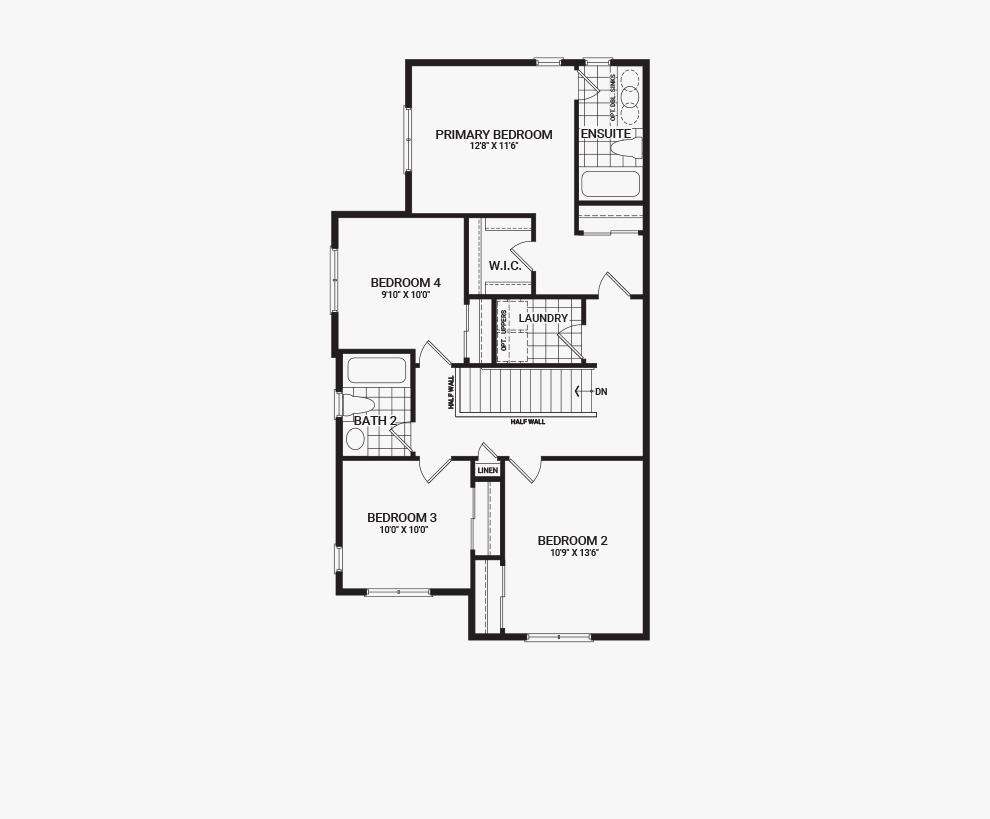 Floorplan of the second floor of the 4 bedroom Jefferson Corner home design, a 30’ Single Family Home available for sale in Brookline, Kanata.