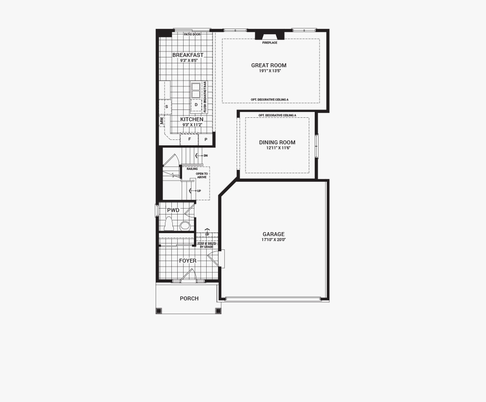 Floorplan of the main floor of the 4 bedroom Clairmont home design, a 36’ Single Family Home available for sale in Brookline, Kanata.
