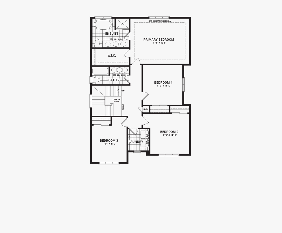 Floorplan of the second floor of the 4 bedroom Clairmont home design, a 36’ Single Family Home available for sale in Brookline, Kanata.