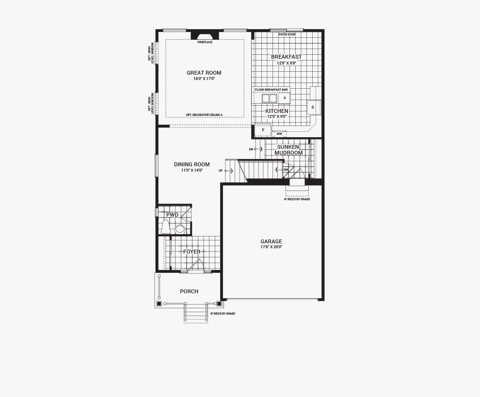 Floorplan of the main floor of the 4 bedroom Fairbank home design, a 36’ Single Family Home available for sale in Brookline, Kanata.