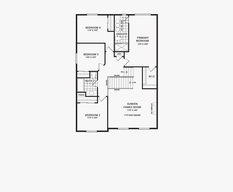 Floorplan of the main floor of the 4 bedroom Fairbank home design, a 36’ Single Family Home available for sale in Brookline, Kanata.