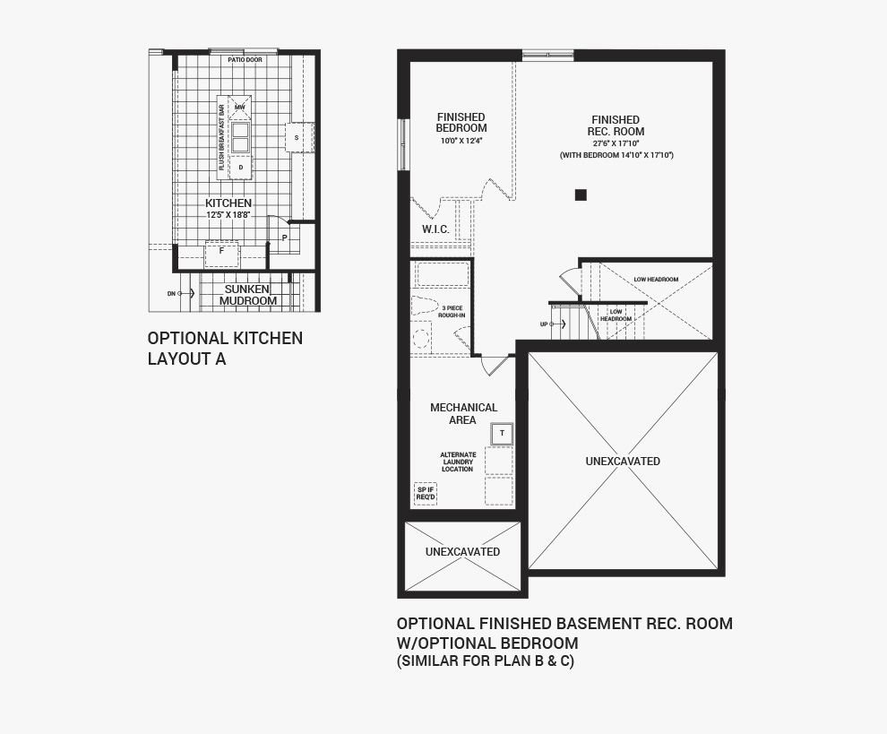 Floorplan of the flex plans of the 4 bedroom Fairbank home design, a 36’ Single Family Home available for sale in Brookline, Kanata.
