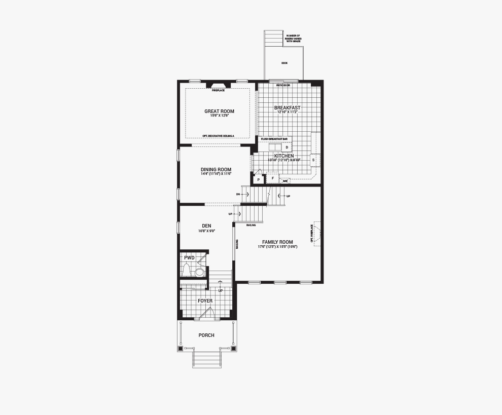 Floorplan of the main floor of the 4 bedroom Killarany home design, a 36’ Single Family Home available for sale in Brookline, Kanata.