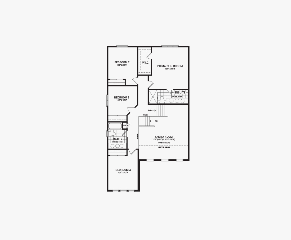 Floorplan of the second floor of the 4 bedroom Killarany home design, a 36’ Single Family Home available for sale in Brookline, Kanata.